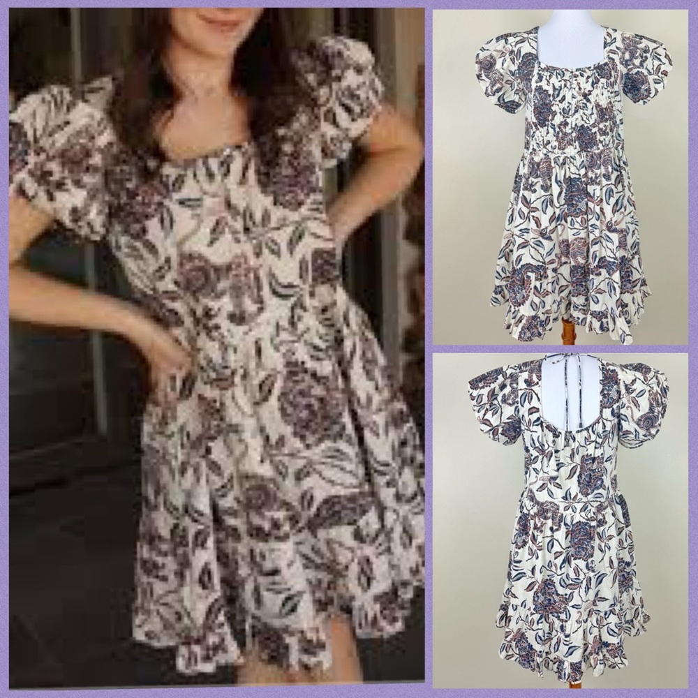 Anthropologie House of Harlow 1960 Cream and Purple Skocked Dress Sz Med  NWT